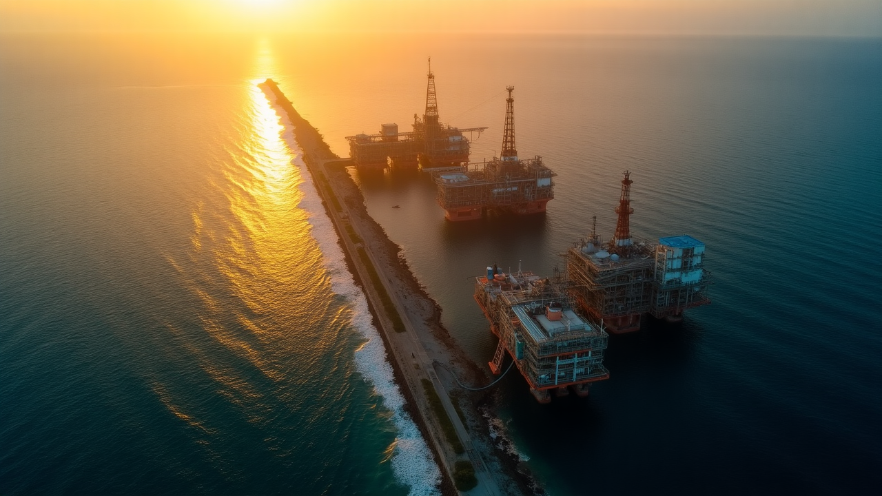 Industria petrolera mexicana, vista aérea de instalaciones costeras