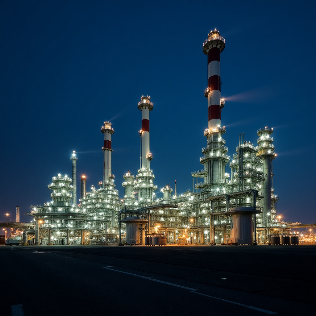 Instalación petroquímica moderna con iluminación dramática nocturna